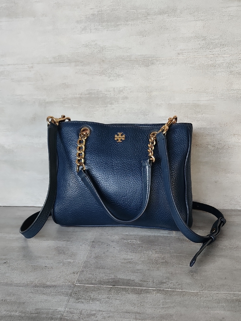 Tory Burch Small Carter Navy Pebbled Leather Crossbody Tote